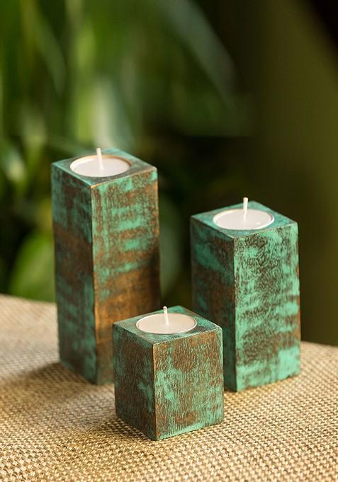 Set Of 2 Brown Handcrafted Wooden Shimmering Moon Tea Light Candle Holders