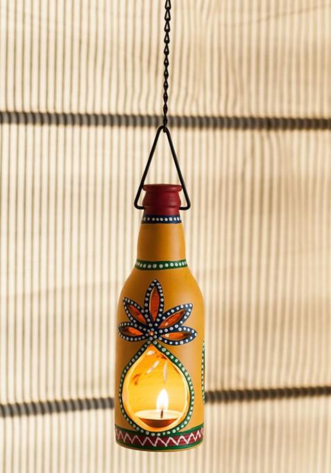 Yellow Hand Painted Terracotta Hanging Tea Light Candle Holder