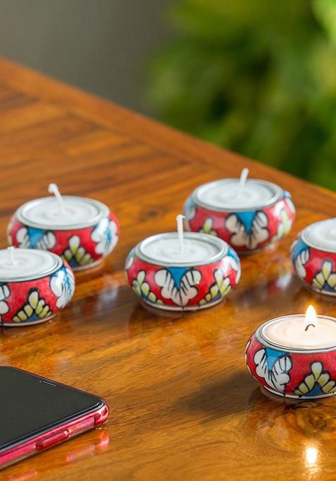 Set Of 6 Red White Shimmering Mughals Hand Painted Tea Light Candle Holders