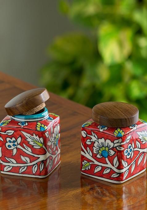 Set Of 2 Mughal Cuboidal Pair Floral Ceramic Kitchen Storage Jars Containers