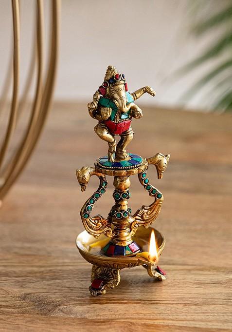 Yellow And Blue Ganesha Brass Diya