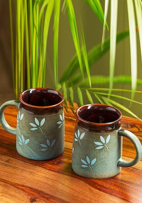 Set Of 2 Leaf Sips Hand Painted Handglazed Studio Pottery Ceramic Mugs