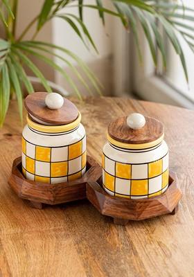 Yellow 2 Pieces Printed Ceramic Kitchen Storage Jar With Tray
