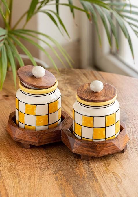 Yellow 2 Pieces Printed Ceramic Kitchen Storage Jar With Tray