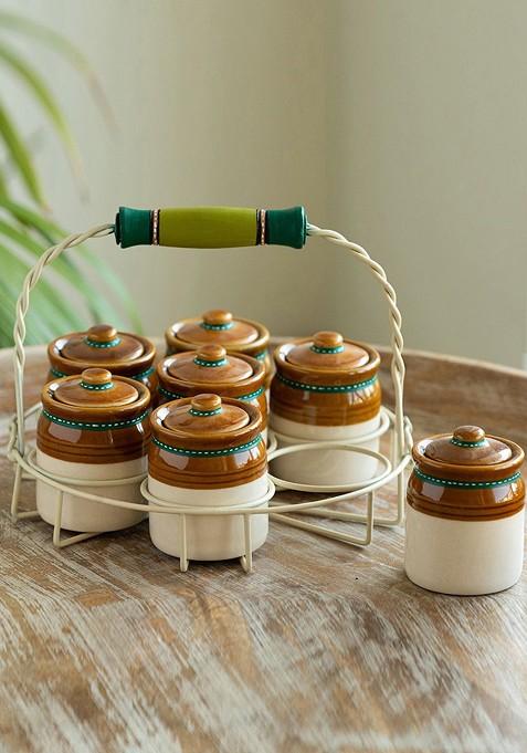 Old Martaban Brown And White 8 Pieces Ceramic Jar With Holder 120Ml Each