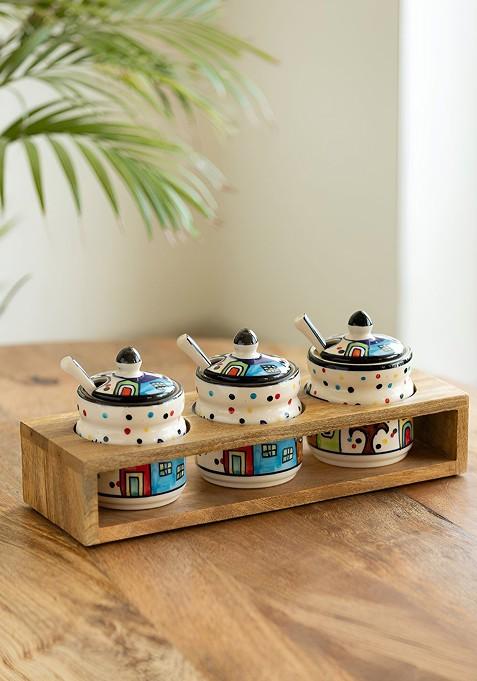 Set Of 3 Ceramic Pickle Jars And Holder 280 Ml