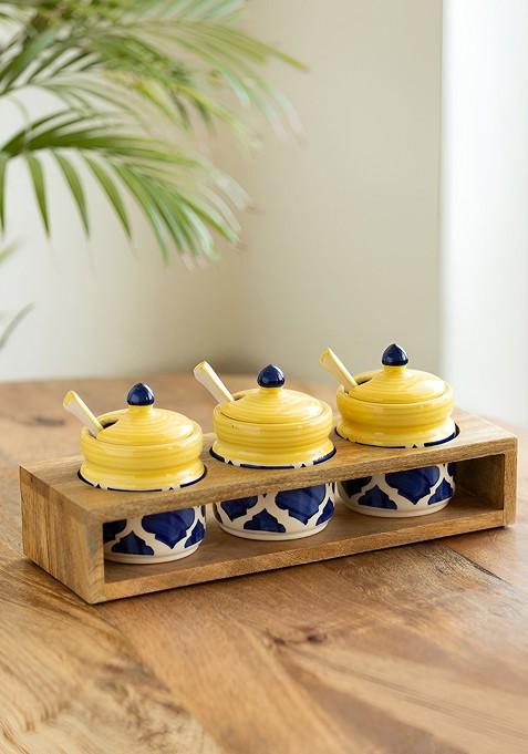 Set Of 3 Yellow And Blue Pickle And Chutney Jar Set With Spoons And Wooden Holder
