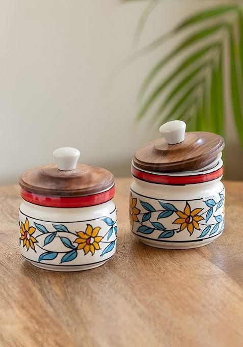 White And Brown 2 Pieces Persian Floral Ceramic Jars 300 Ml