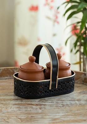 Brown 3 Pieces Pickle And Chutney Jar Set With Metal Tray