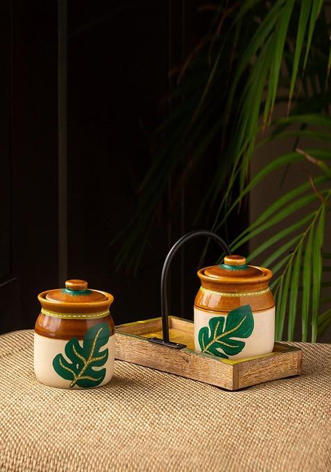 Set Of 2 Shades Of A Leaf Ceramic Jars With Lid Wooden Holder 220 Ml