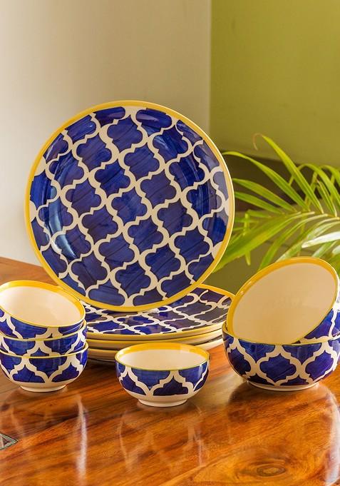 Blue And White Set Of 10 Hand Painted Ceramic Dinner Plates With Serving Bowls