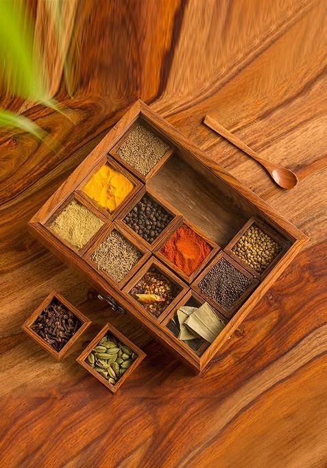 Brown Handcrafted Sheesham Wooden Twelve Blends Spice Box With Spoon