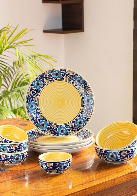 Navy Blue And Yellow 10 Pieces Floral Printed Ceramic Glossy Dinner Set
