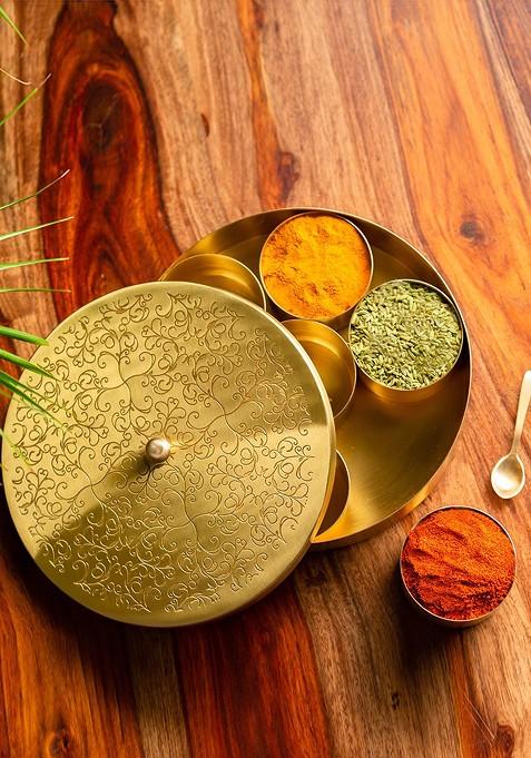 Gold Toned Floral Etched Handcrafted Brass Spice Box With Spoon
