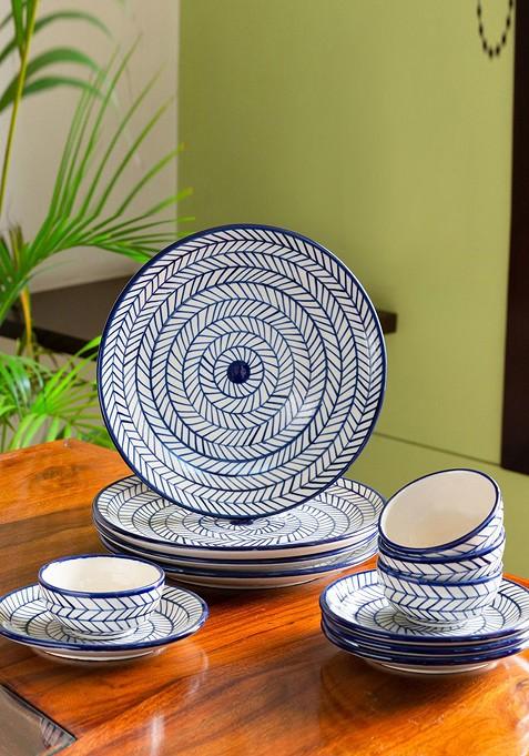 Set Of 12 Chevron Hand Painted Indigo Ceramic Dinner Plates With Bowls