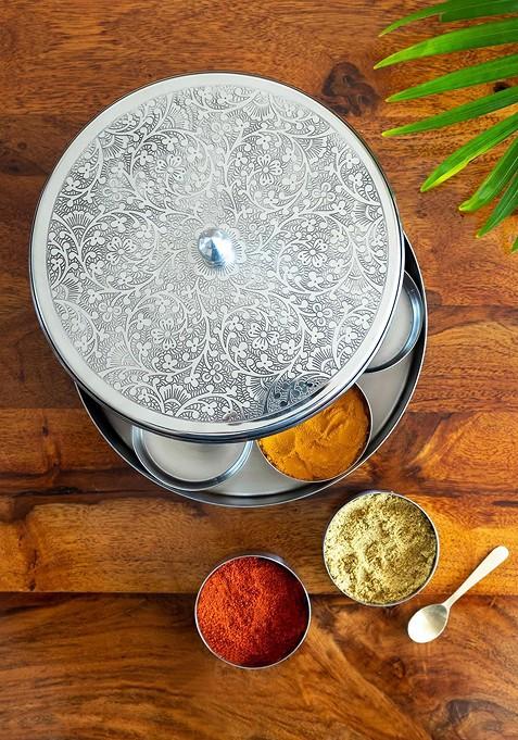 Floral Printed Metal Spice Box With Spoon