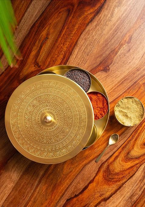 Gold Toned Floral Etched Handcrafted Brass Spice Box With Spoon