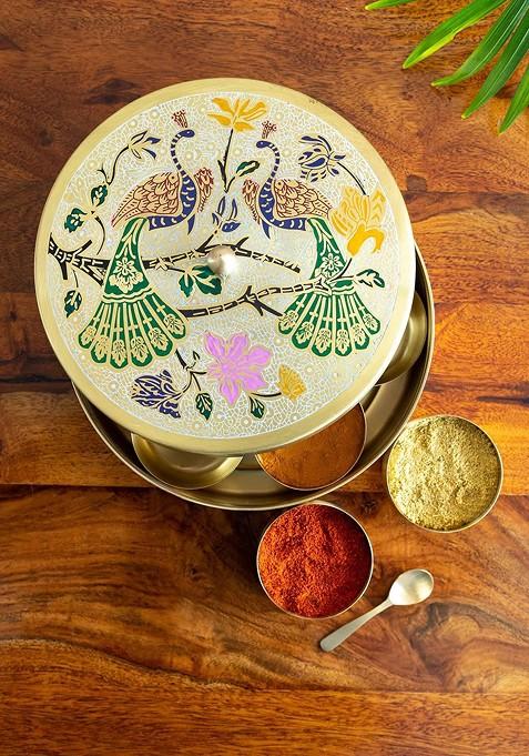 Spice Box With Spoon In Brass With 7 Containers