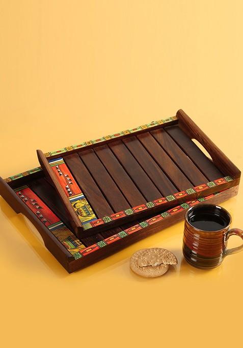 Brown 2 Pieces Hand Painted Madhubani Wooden Tray Set