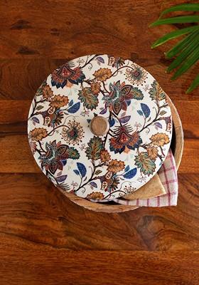 Floral Chronicles White Floral Printed Mango Wood Chapati Box With Lid 1.14L