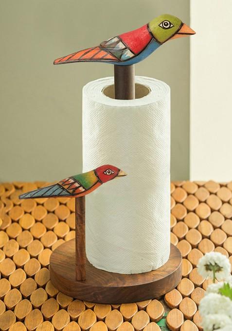 Brown Sheesham Wood Bird Collection Handcrafted Tissue Roll Holder