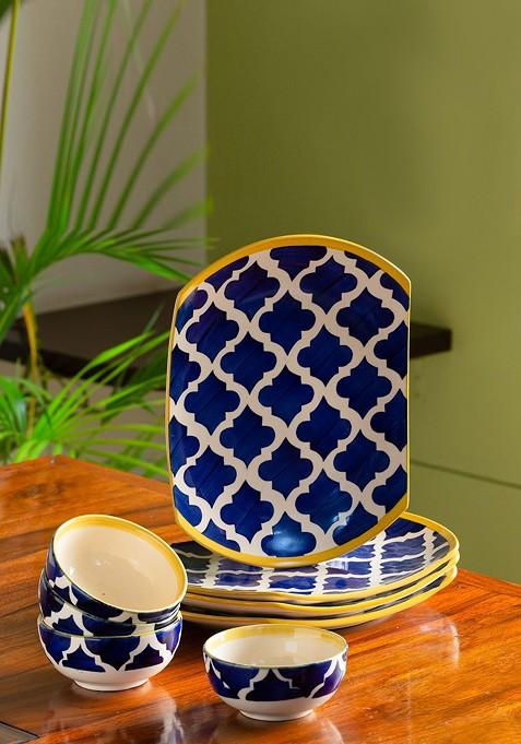 Blue And White Set Of 8 Moroccan Ceramic Dinner Plates With Bowls