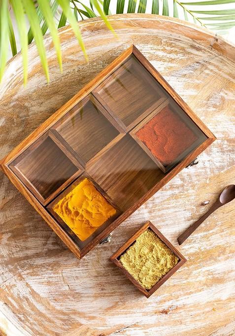Brown Masala Blends Sheesham Wood Spice Box With Spoon