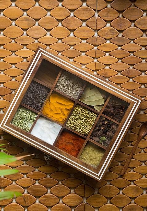 Brown Hand Engraved Rectangular Wooden Spice Box With Spoon