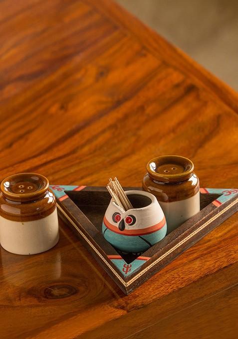 Brown Desert Owl Jar Salt And Pepper Shaker Set With Toothpick Holder Tray