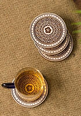 Set Of 4 Brown And White Hand Carved Sheesham Wooden Block Coasters