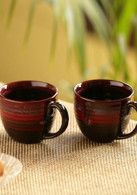 Set Of 2 Crimson Lava Dome Hand Glazed Studio Pottery Ceramic Mugs