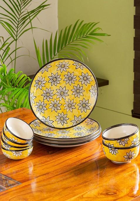 Yellow And White 10 Pieces Hand Painted Printed Ceramic Glossy Dinner Set