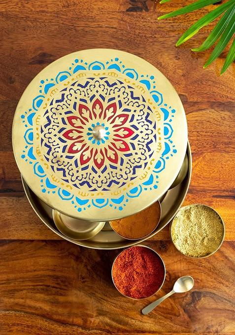 Spice Box With Spoon In Brass With 7 Containers