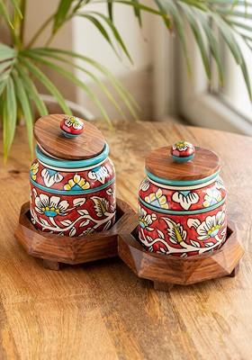 2 Pcs Red And Blue Hand Painted Ceramic Kitchen Storage Jars With Tray