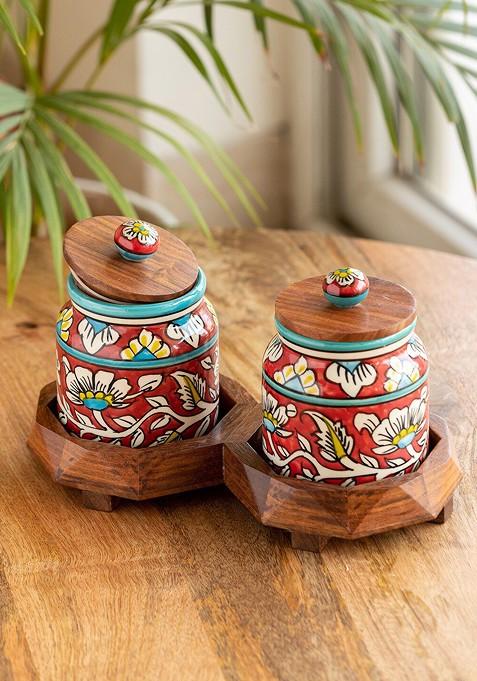 2 Pcs Red And Blue Hand Painted Ceramic Kitchen Storage Jars With Tray