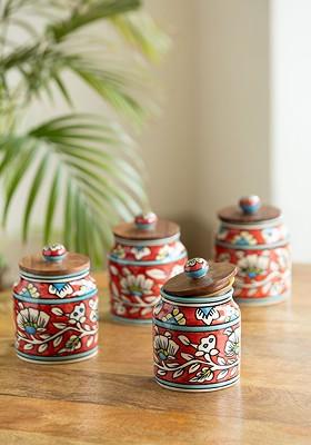 Set Of 4 Hand Painted Floral Ceramic Storage Jars And Containers