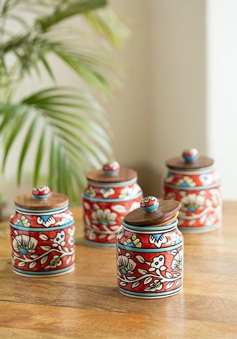 Set Of 4 Hand Painted Floral Ceramic Storage Jars And Containers