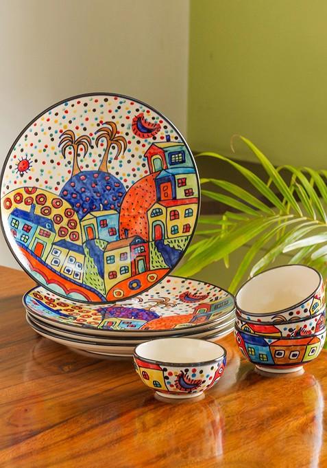 St Of 8 Hut Dining Hand Painted Ceramic Dinner Plates With Serving Bowls
