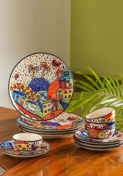 Set Of 12 Hut Dining Hand Painted Ceramic Dinner And Quarter Plates With Bowls
