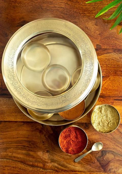 Spice Box With Spoon In Brass With 7 Containers 100 Ml