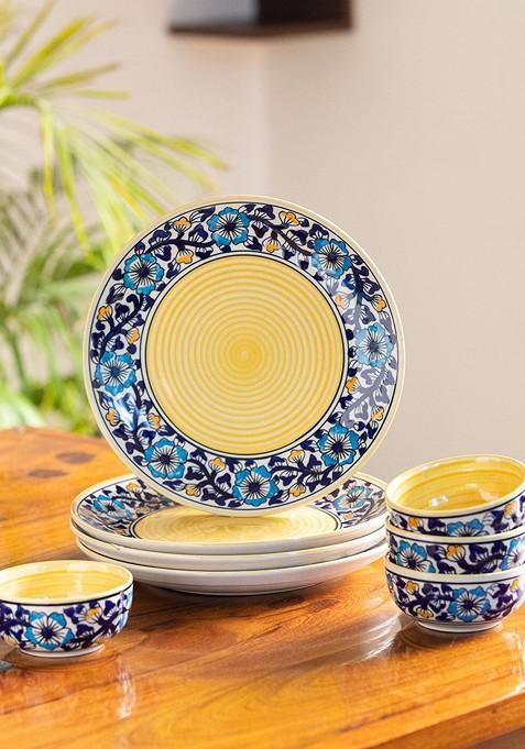 Navy Blue And Yellow 8 Pieces Floral Printed Ceramic Glossy Dinner Set