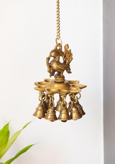 Gold Toned Brass Peacock Bliss Hand Etched Decorative Hanging Diya