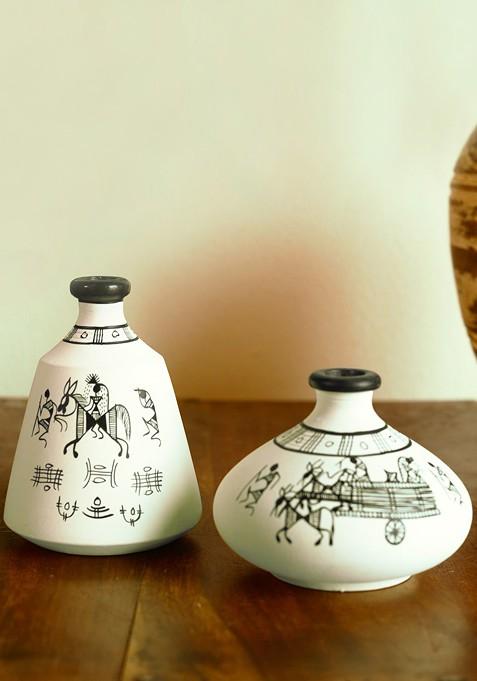 Exclusive Lane Set Of 2 White Warli Hand Painted Terracotta Pot Showpieces