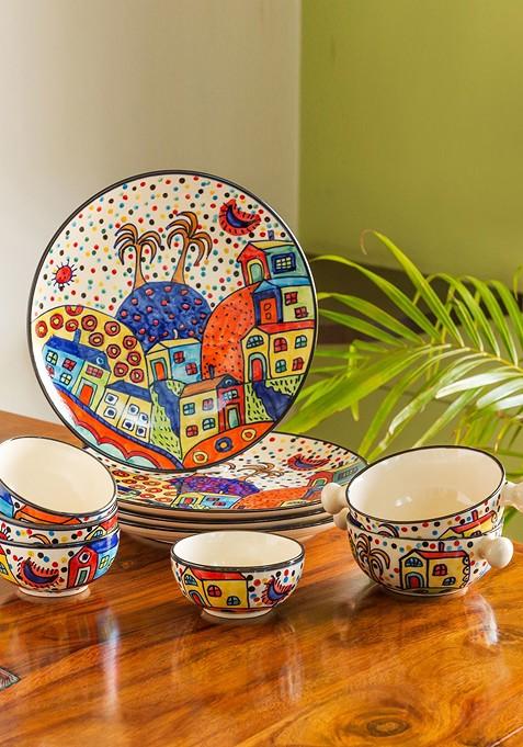 Set Of 10 Hand Painted Ceramic Dinner Plates With Serving Bowls