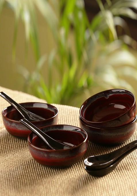 Maroon Set Of 4 Hand Glazed Studio Pottery Ceramic Soup Bowls With Spoons