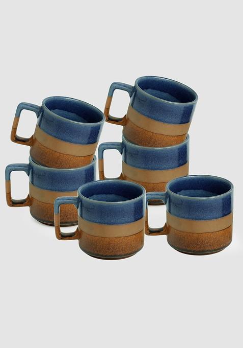 Set Of 6 Caramel Blues Hand Glazed Studio Pottery Ceramic Cups