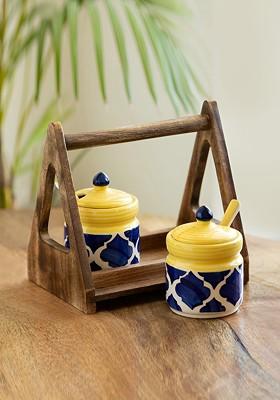 Blue And Yellow 3 Pieces Printed Ceramic Containers With Holder