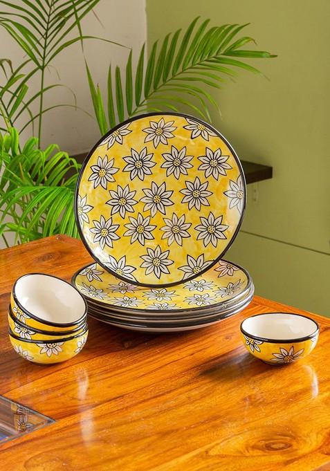 Yellow And White 8 Pieces Hand Painted Printed Ceramic Glossy Dinner Set