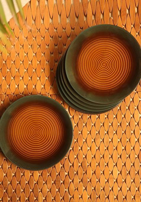 Set Of 6 Amber Handglazed Studio Pottery Ceramic Dinner Plates