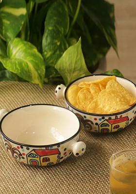 Set Of 2 Pieces The Hut Handled Bowls Printed Ceramic Serving Bowl Set